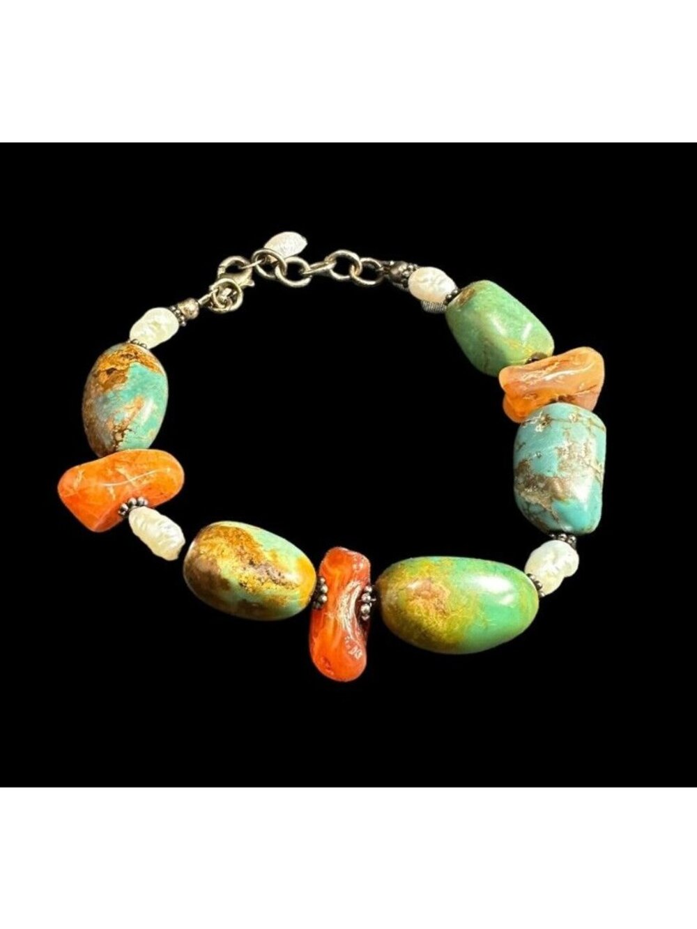 Bracelet 925 Turquoise Carnelian And Pearl Beads Adjustable Long Vintage